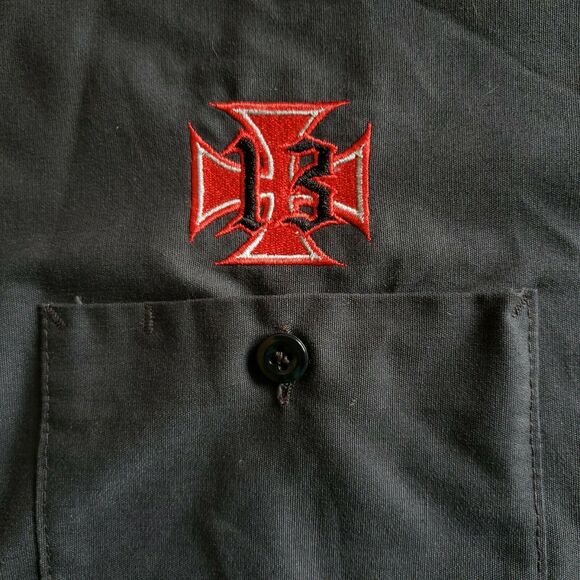 LUCKY 13 THIRTEEN button down short sleeve casual gray work shirt Momento Mori L - Picture 5 of 8